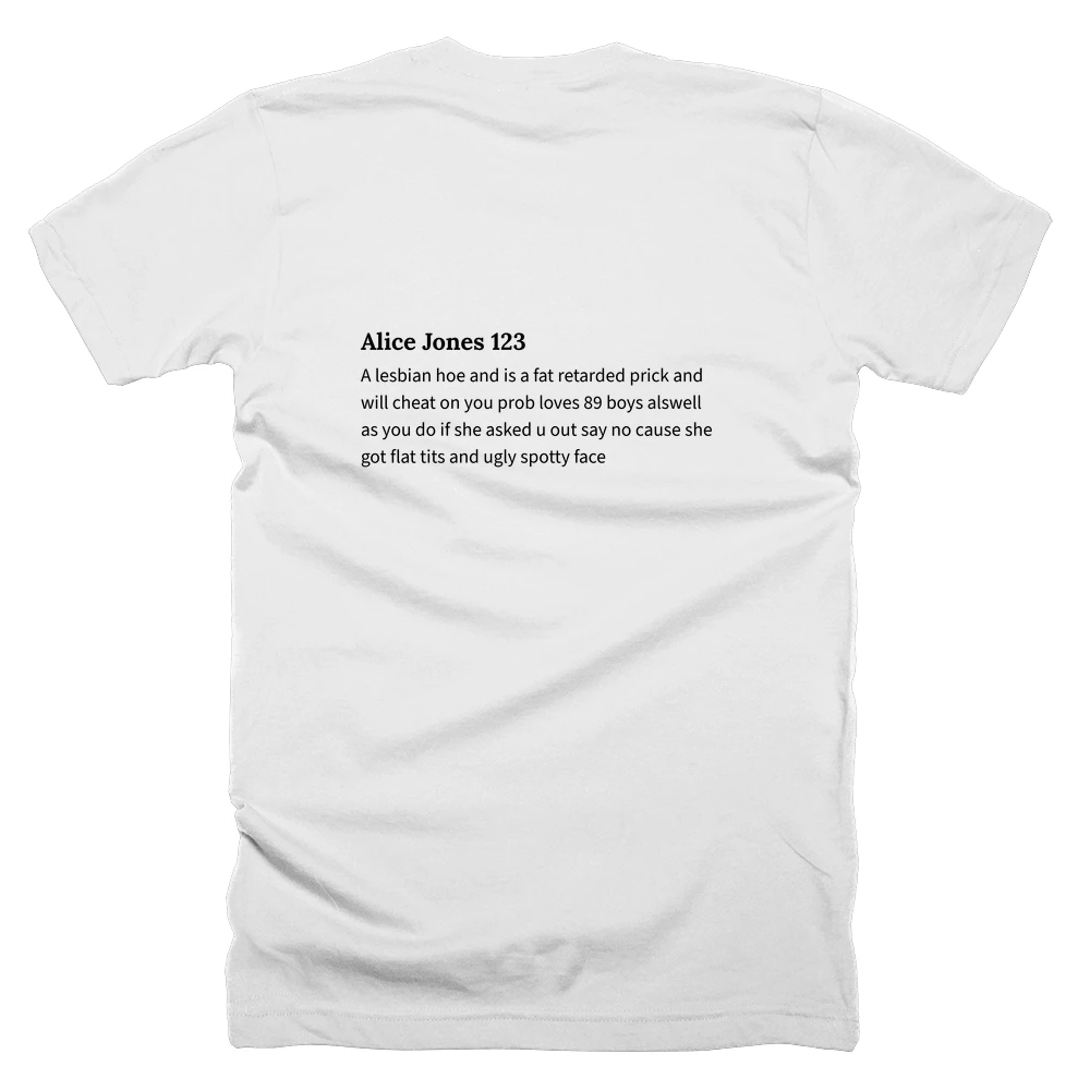 T-shirt with a definition of 'Alice Jones 123' printed on the back