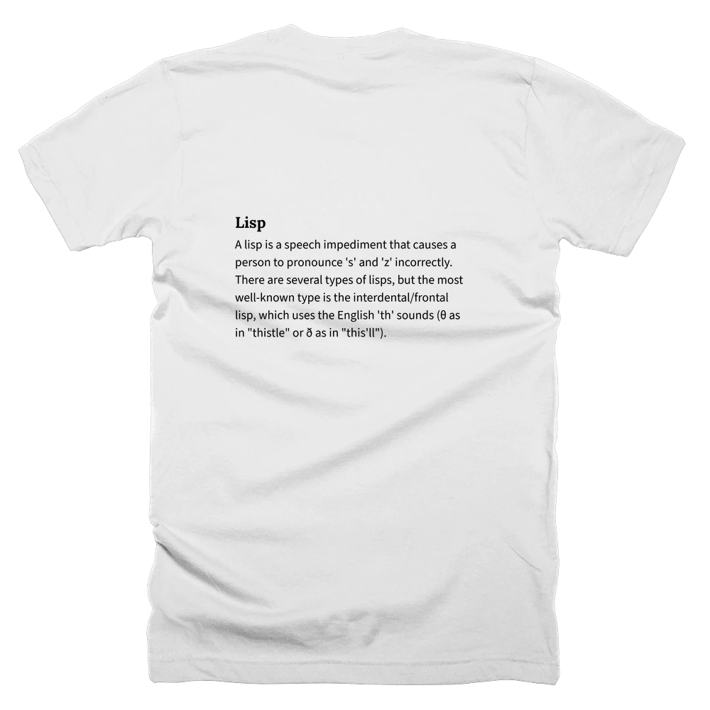 T-shirt with a definition of 'Lisp' printed on the back