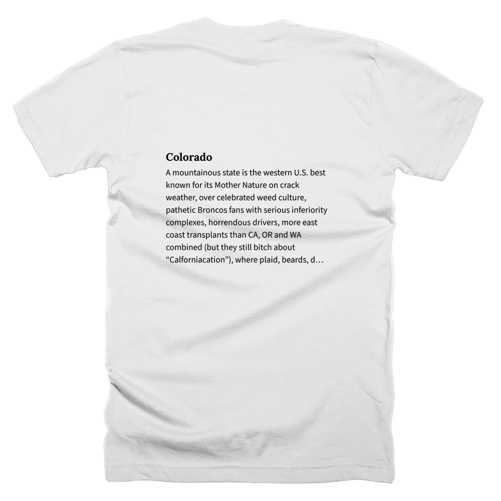 T-shirt with a definition of 'Colorado' printed on the back