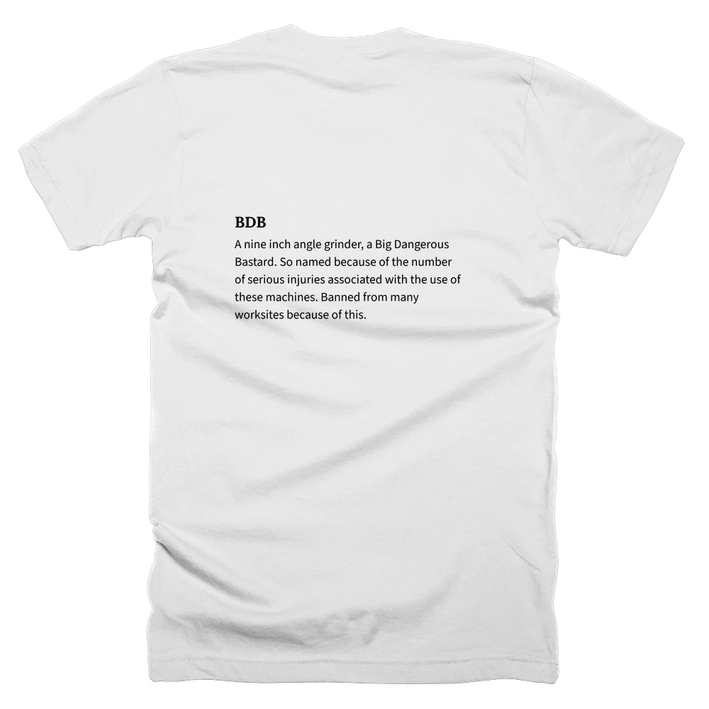 T-shirt with a definition of 'BDB' printed on the back