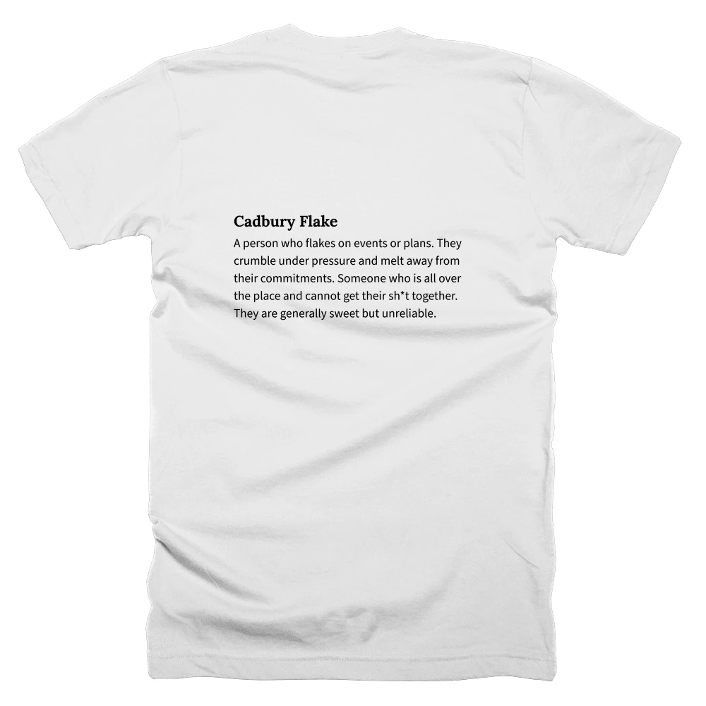 T-shirt with a definition of 'Cadbury Flake' printed on the back