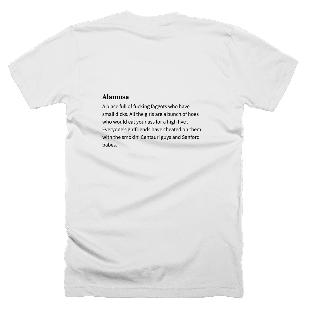 T-shirt with a definition of 'Alamosa' printed on the back