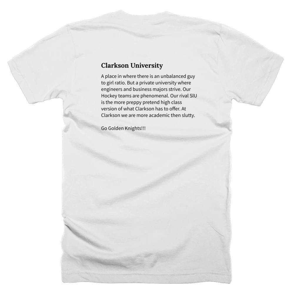 T-shirt with a definition of 'Clarkson University' printed on the back