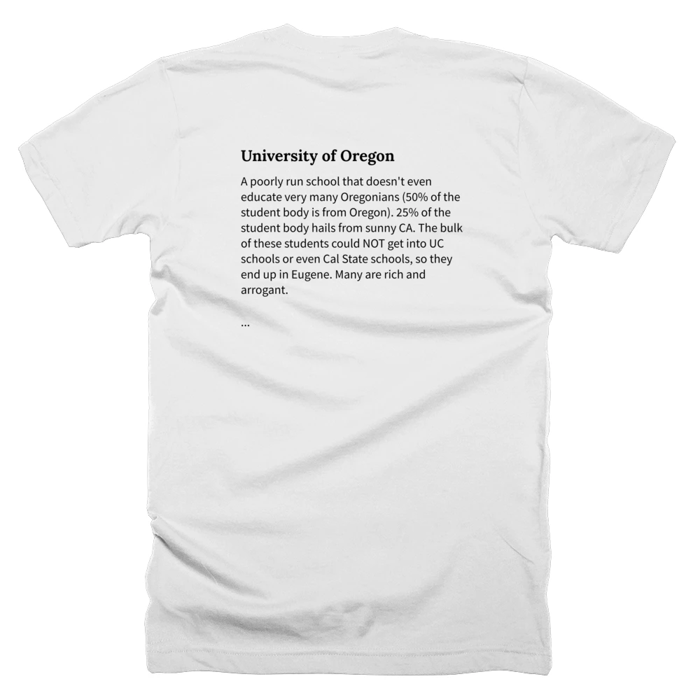 T-shirt with a definition of 'University of Oregon' printed on the back