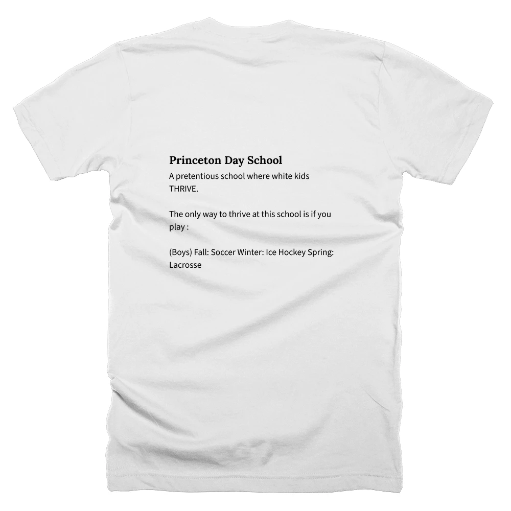 T-shirt with a definition of 'Princeton Day School' printed on the back