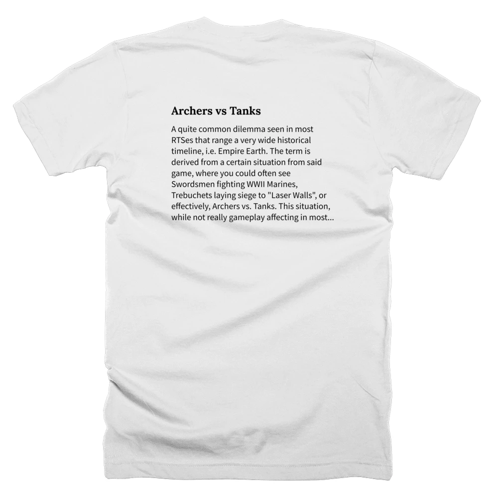 T-shirt with a definition of 'Archers vs Tanks' printed on the back