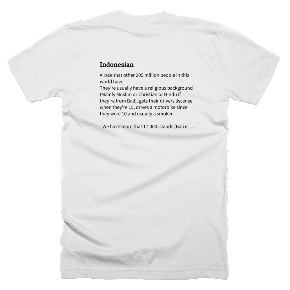 T-shirt with a definition of 'Indonesian' printed on the back