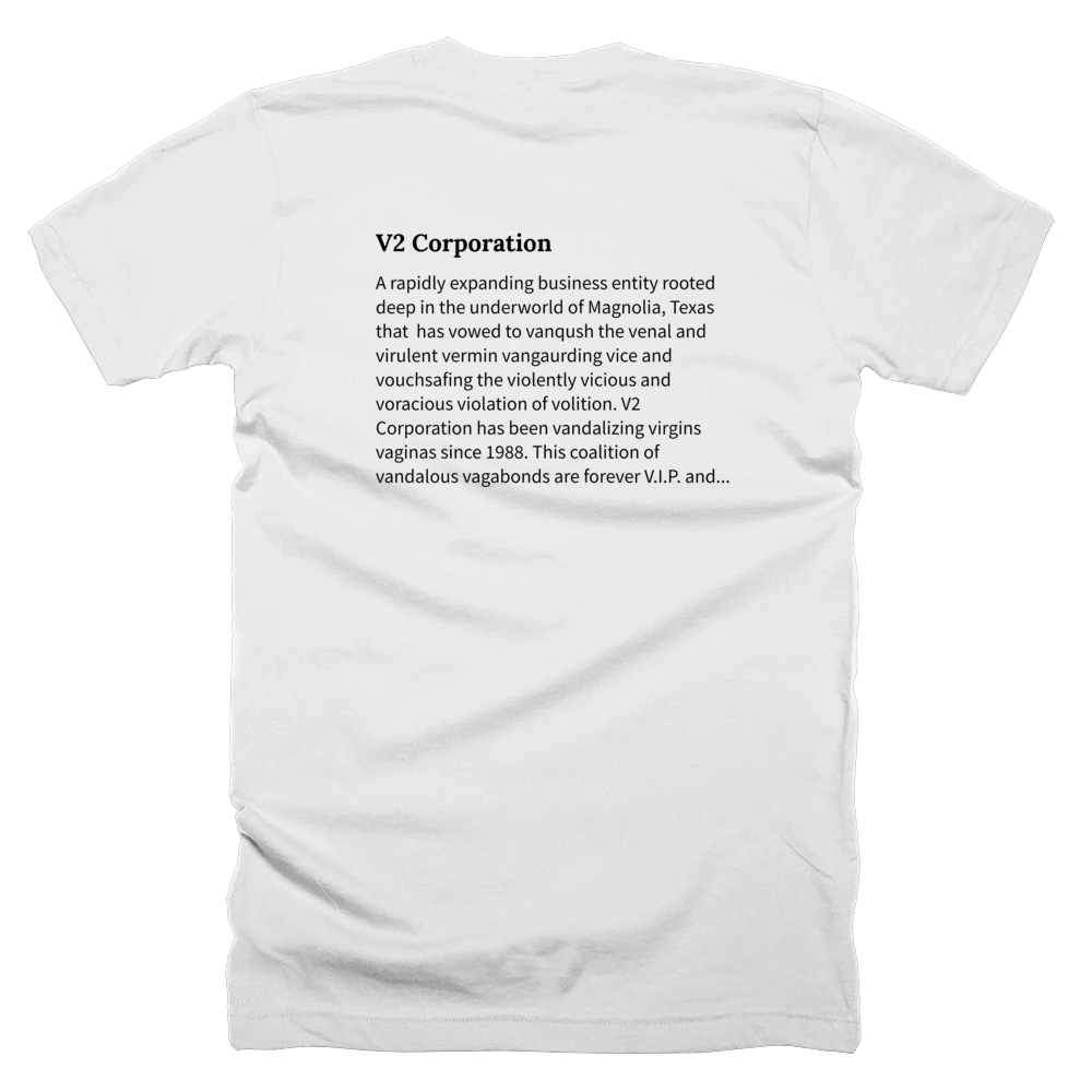 T-shirt with a definition of 'V2 Corporation' printed on the back