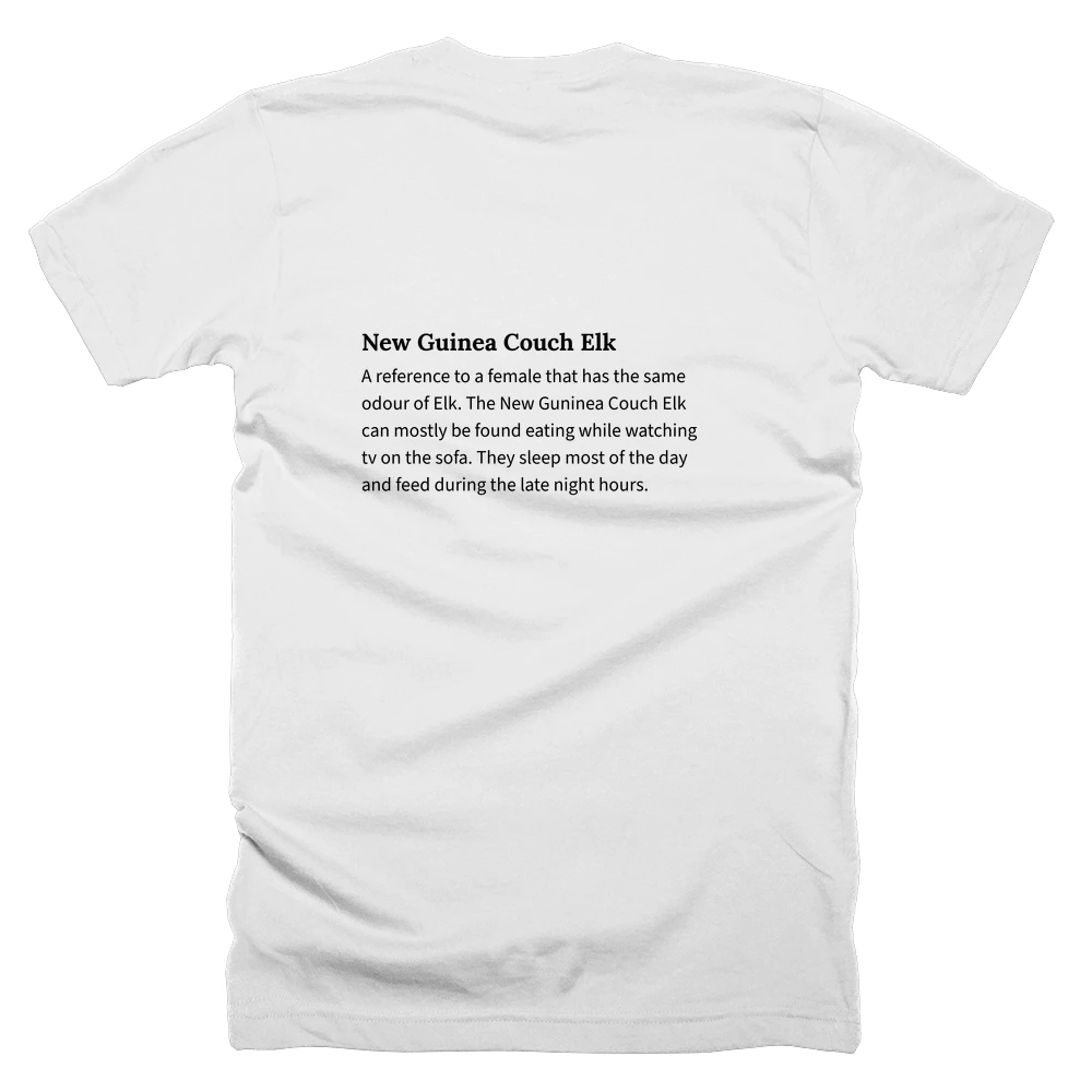 T-shirt with a definition of 'New Guinea Couch Elk' printed on the back