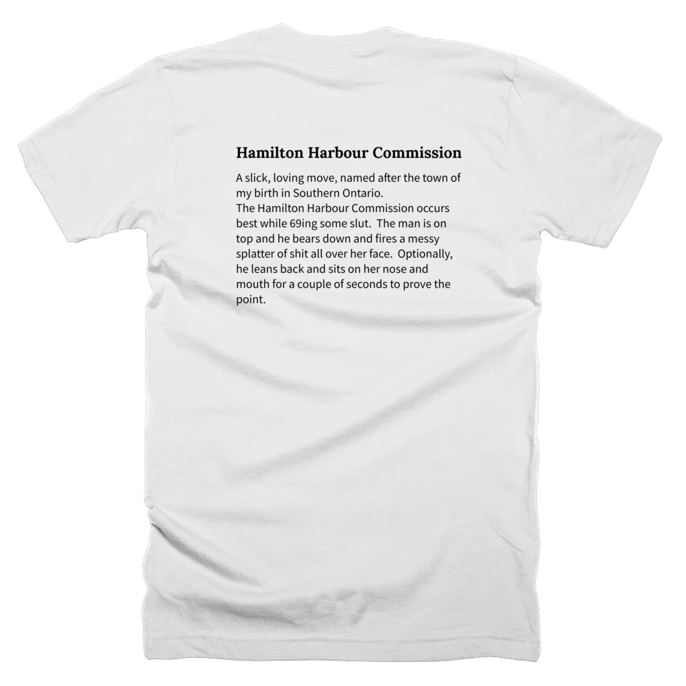 T-shirt with a definition of 'Hamilton Harbour Commission' printed on the back
