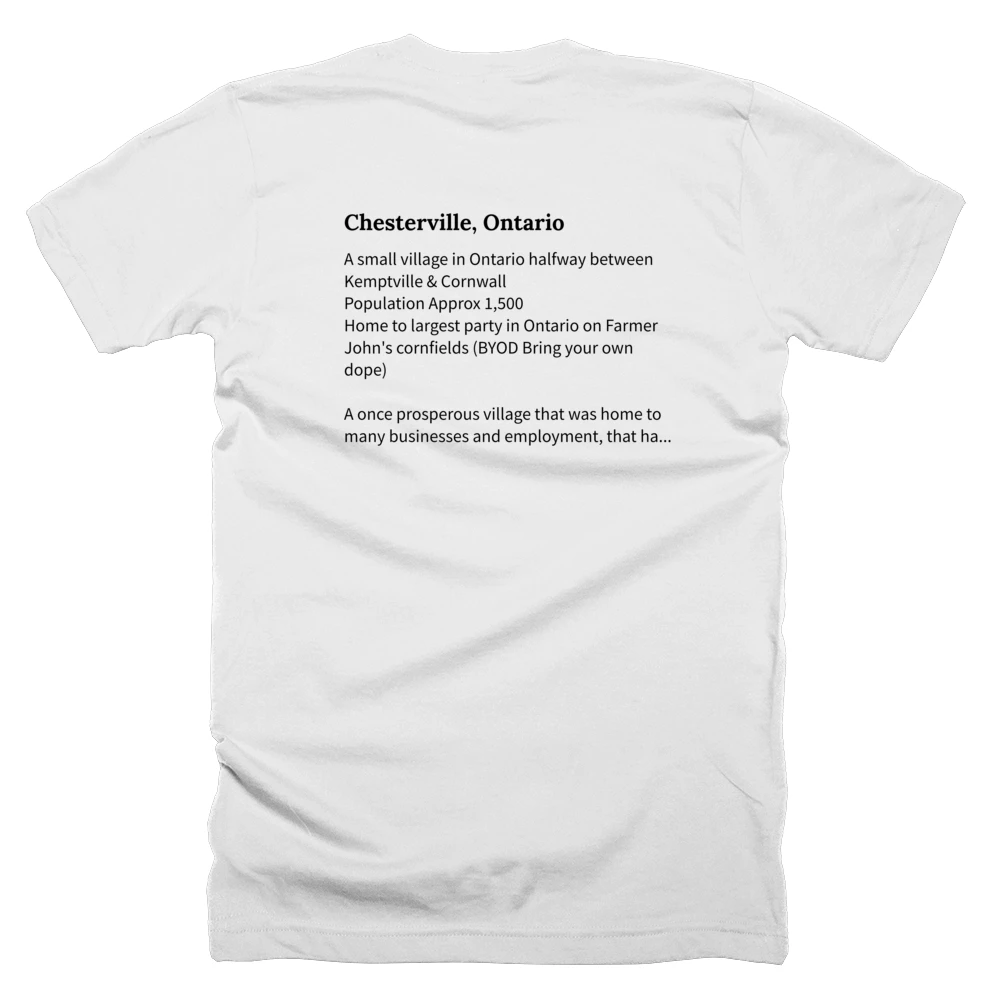 T-shirt with a definition of 'Chesterville, Ontario' printed on the back