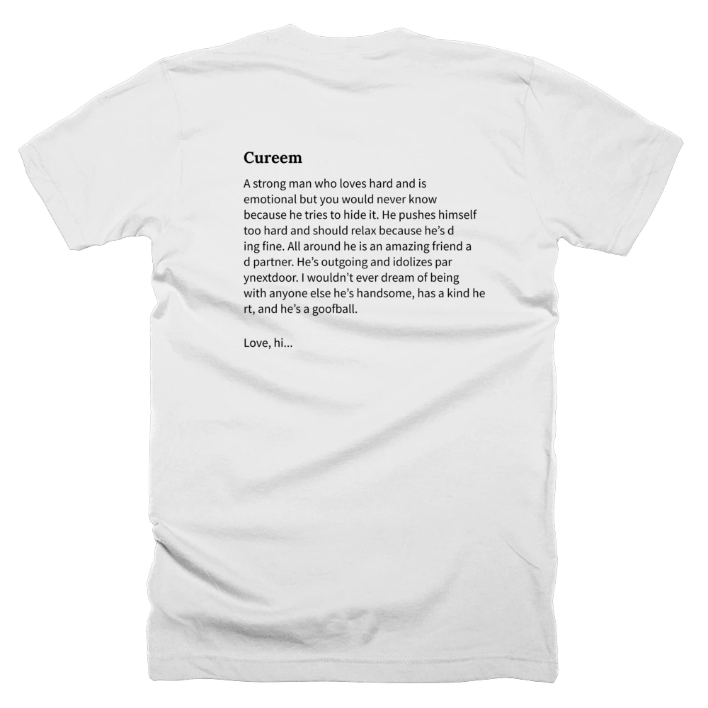T-shirt with a definition of 'Cureem' printed on the back