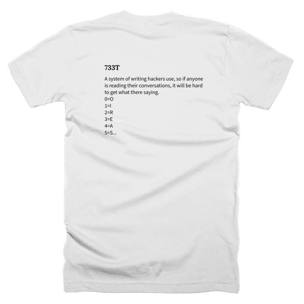 T-shirt with a definition of '733T' printed on the back