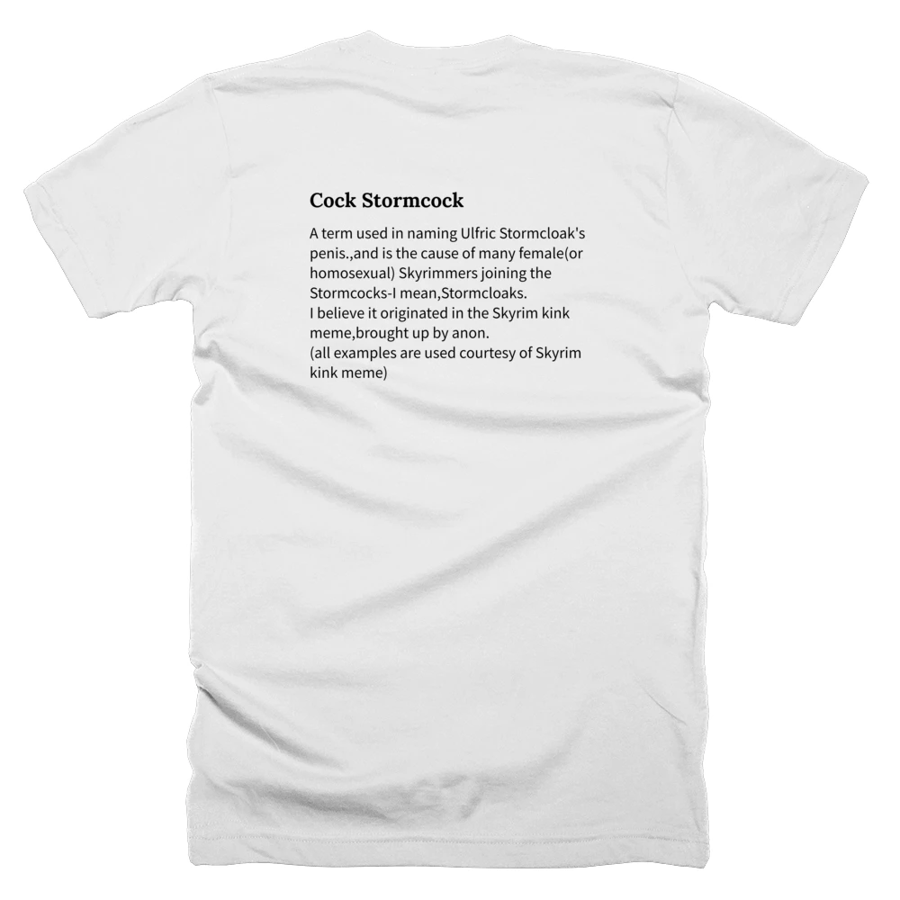 T-shirt with a definition of 'Cock Stormcock' printed on the back