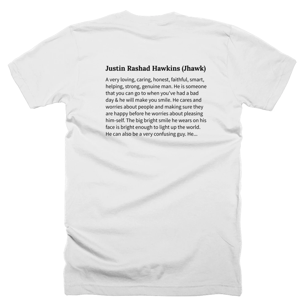 T-shirt with a definition of 'Justin Rashad Hawkins (Jhawk)' printed on the back