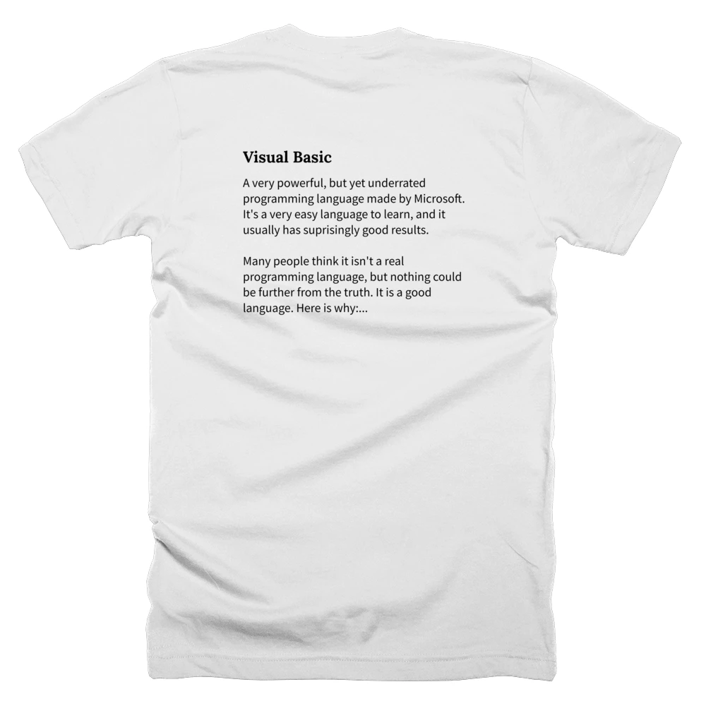 T-shirt with a definition of 'Visual Basic' printed on the back