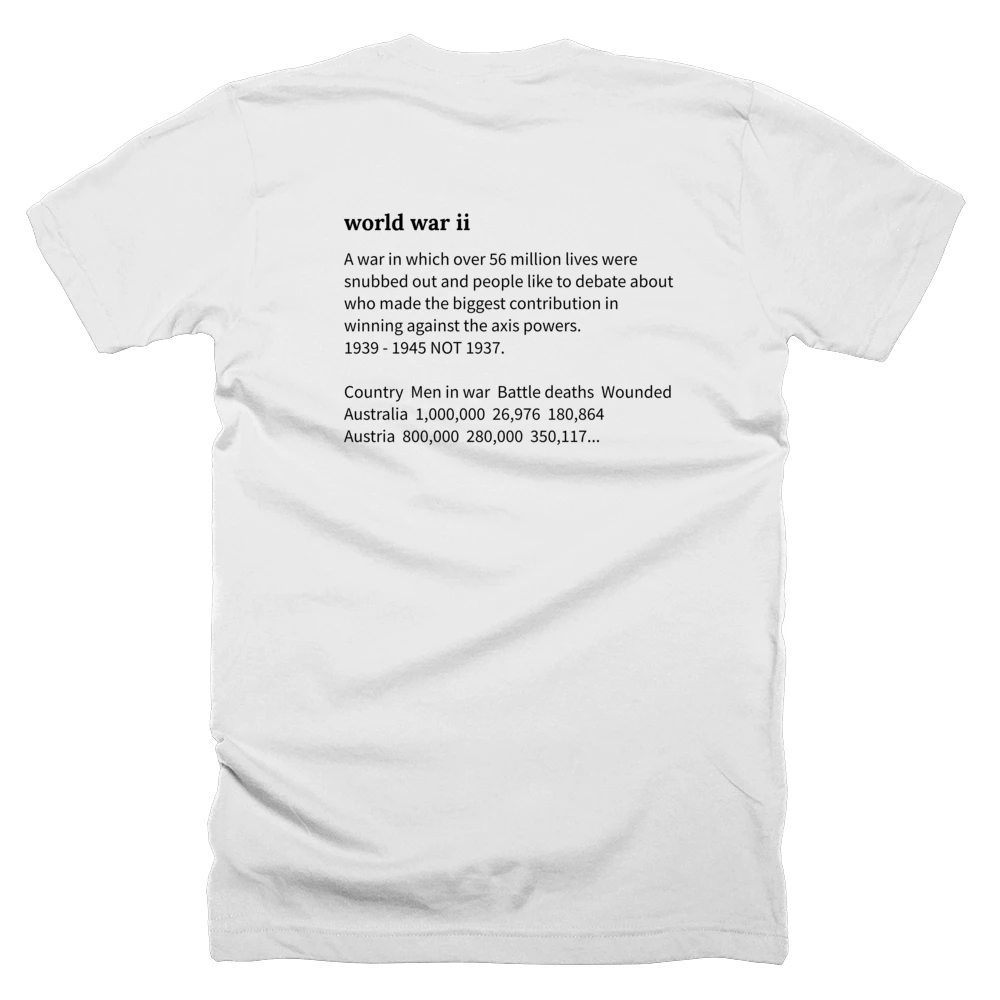 T-shirt with a definition of 'world war ii' printed on the back