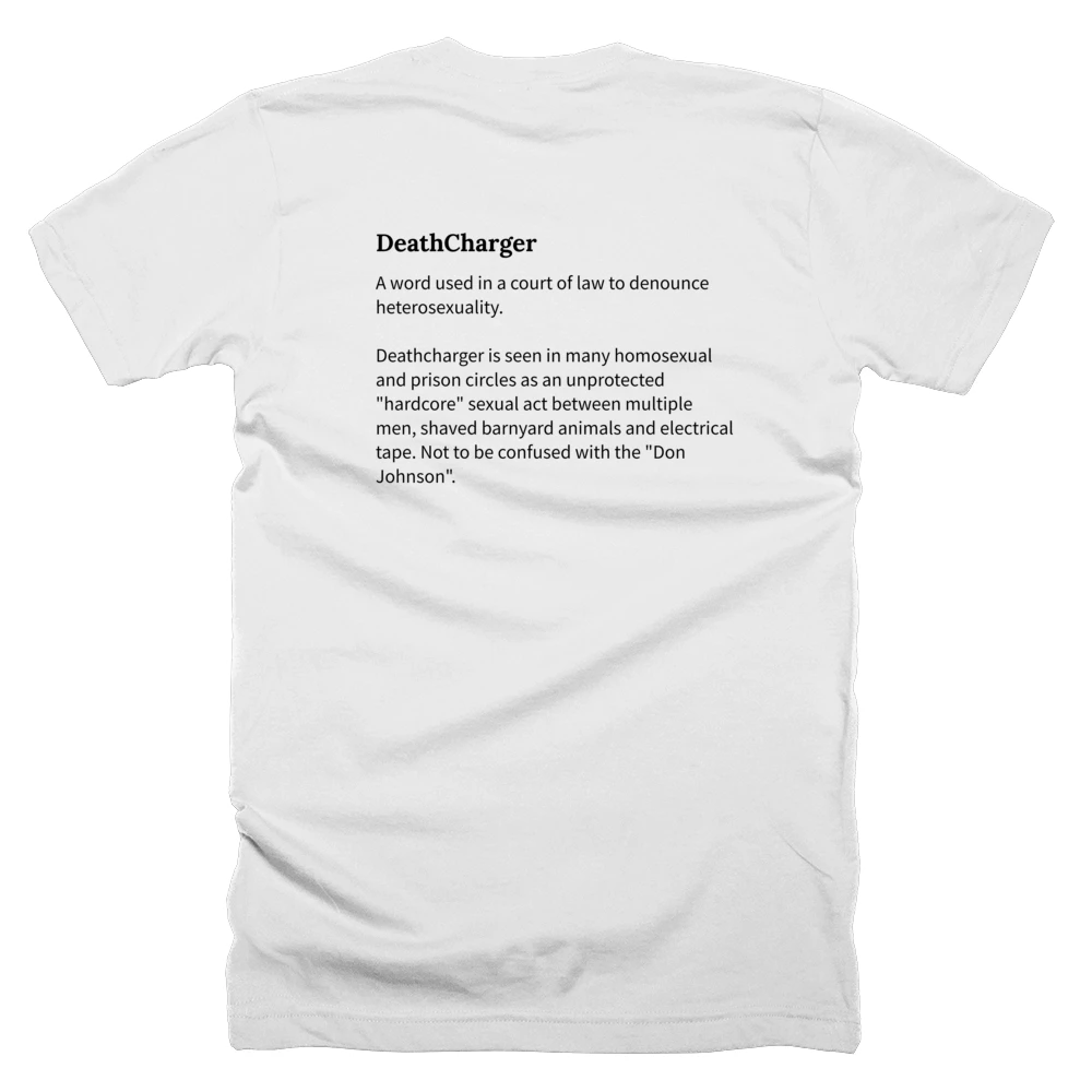 T-shirt with a definition of 'DeathCharger' printed on the back
