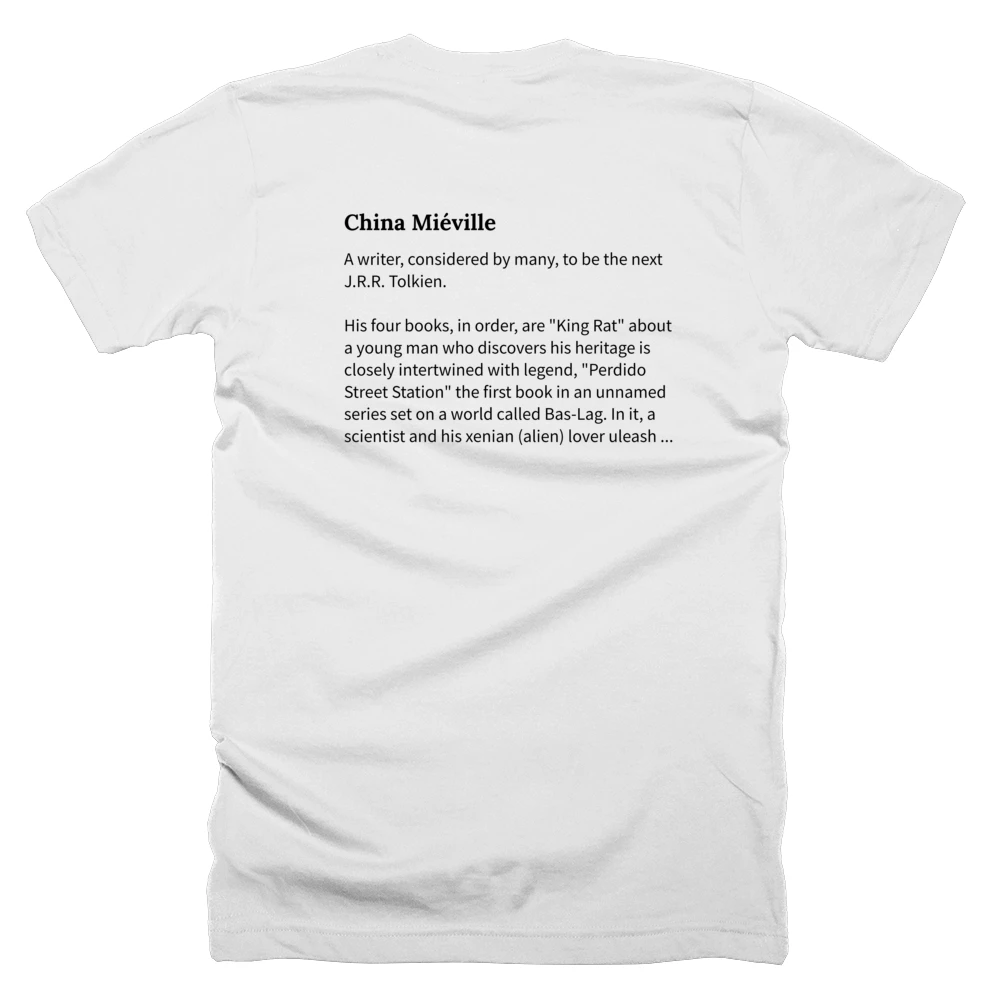 T-shirt with a definition of 'China Miéville' printed on the back