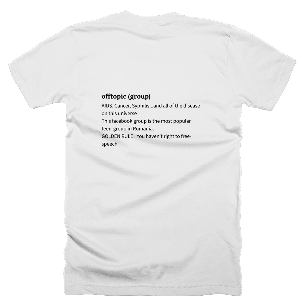 T-shirt with a definition of 'offtopic (group)' printed on the back