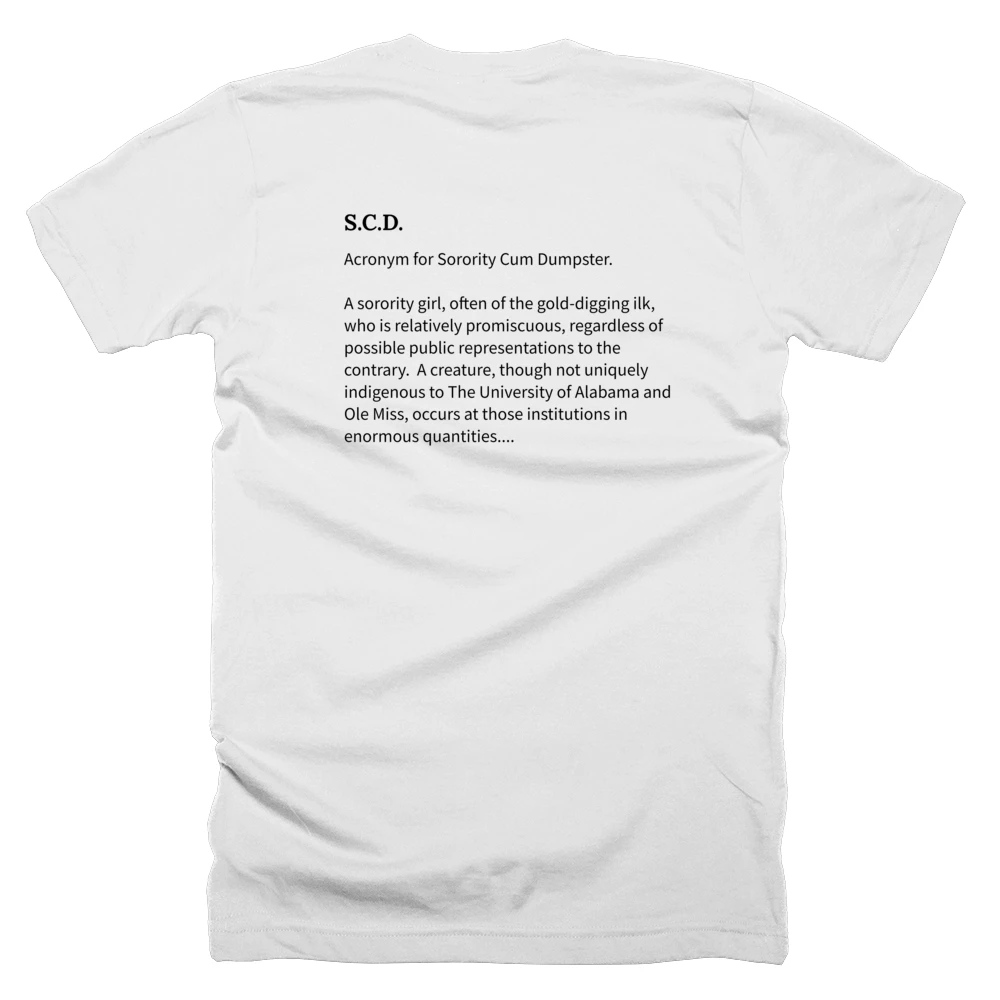 T-shirt with a definition of 'S.C.D.' printed on the back