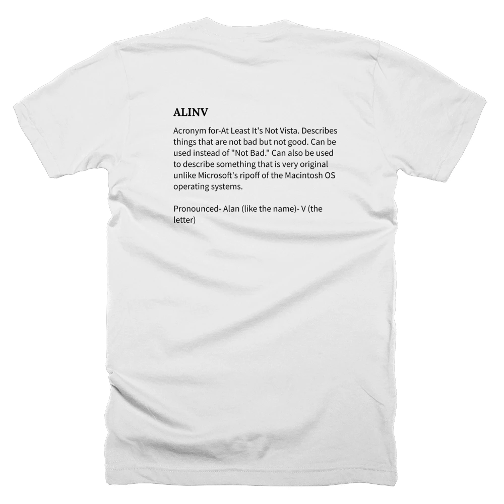 T-shirt with a definition of 'ALINV' printed on the back
