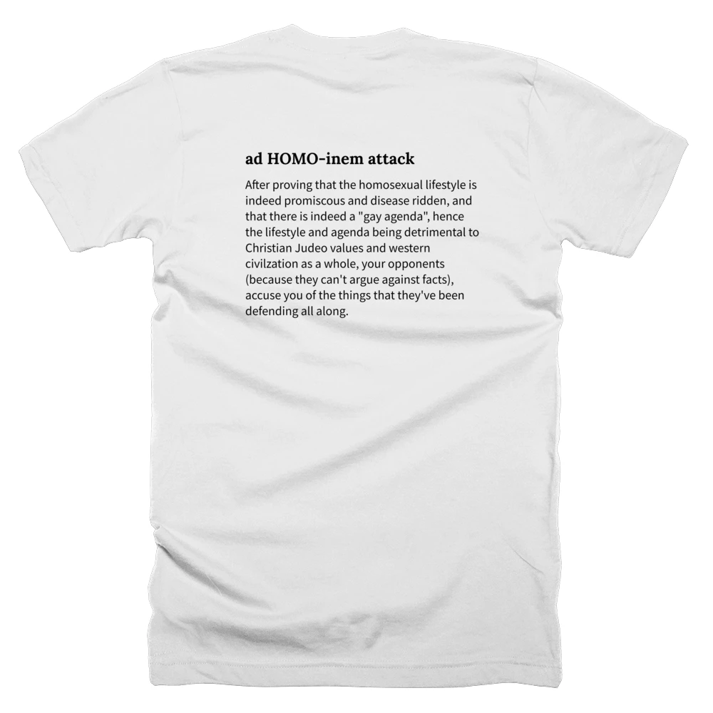 T-shirt with a definition of 'ad HOMO-inem attack' printed on the back