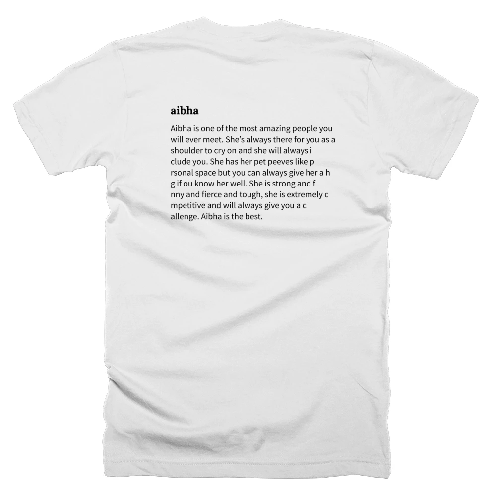 T-shirt with a definition of 'aibha' printed on the back
