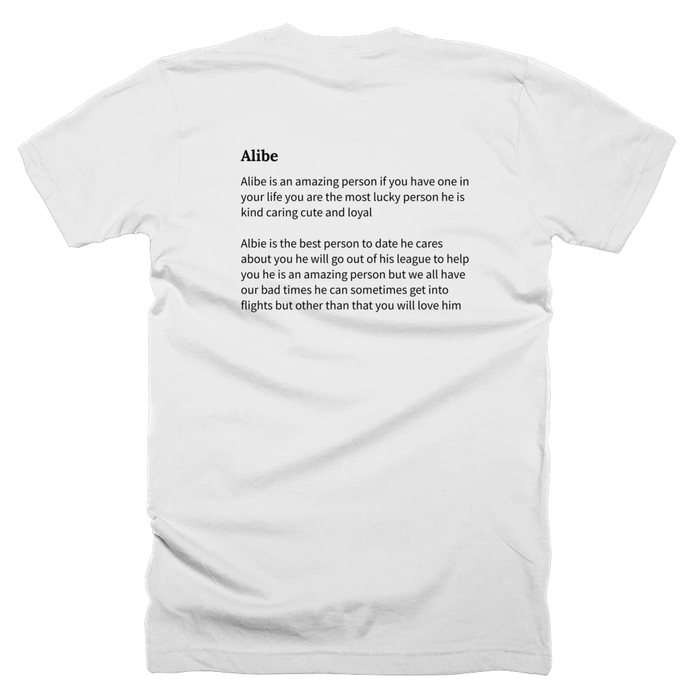 T-shirt with a definition of 'Alibe' printed on the back