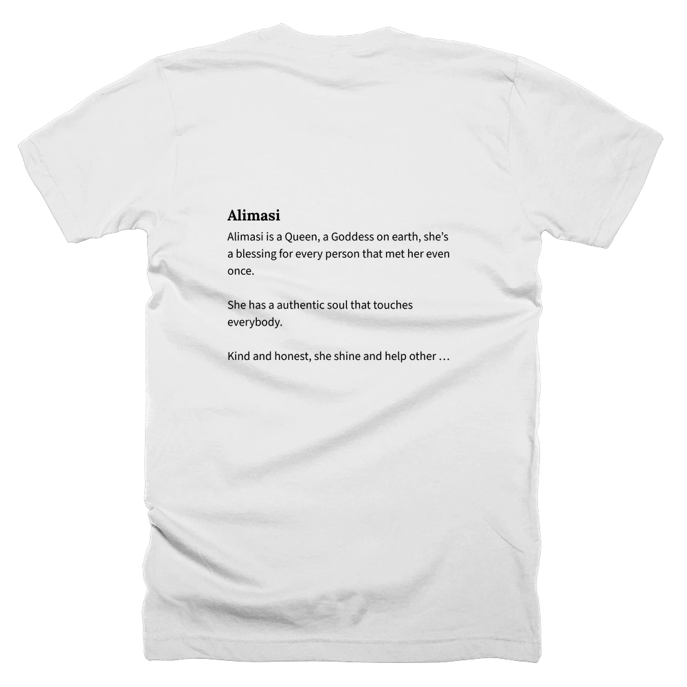 T-shirt with a definition of 'Alimasi' printed on the back