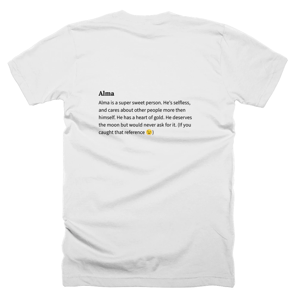 T-shirt with a definition of 'Alma' printed on the back