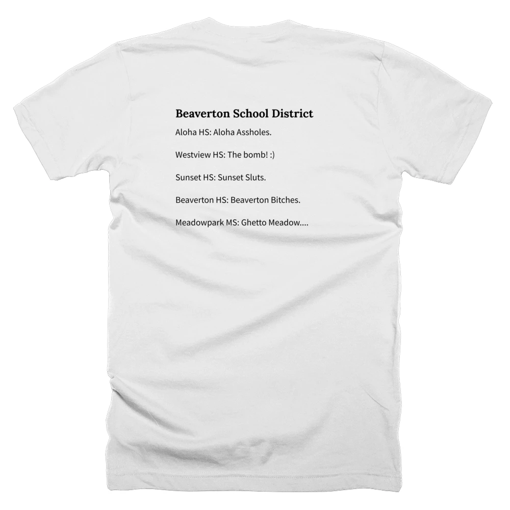 T-shirt with a definition of 'Beaverton School District' printed on the back