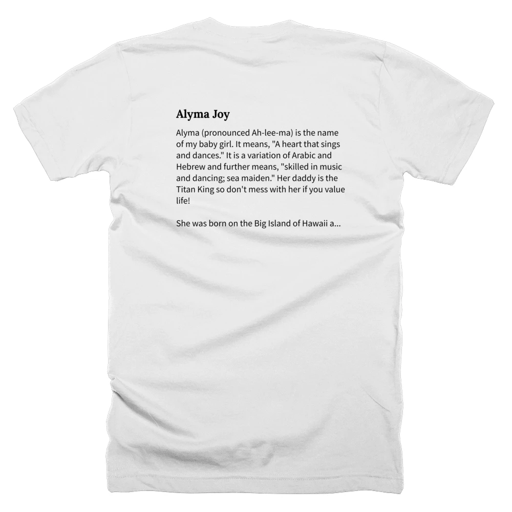 T-shirt with a definition of 'Alyma Joy' printed on the back