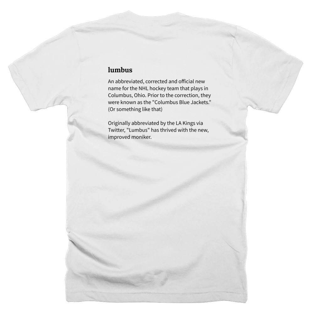 T-shirt with a definition of 'lumbus' printed on the back