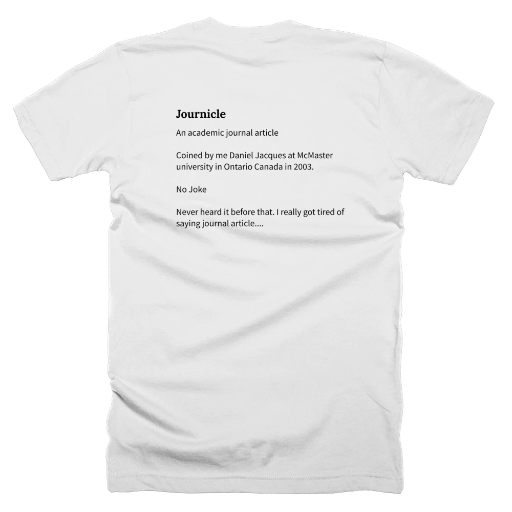 T-shirt with a definition of 'Journicle' printed on the back