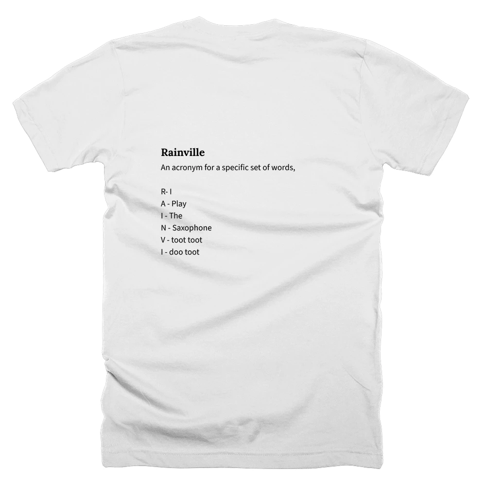 T-shirt with a definition of 'Rainville' printed on the back