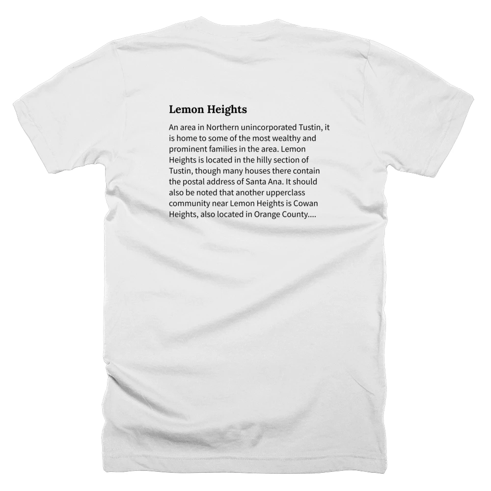 T-shirt with a definition of 'Lemon Heights' printed on the back
