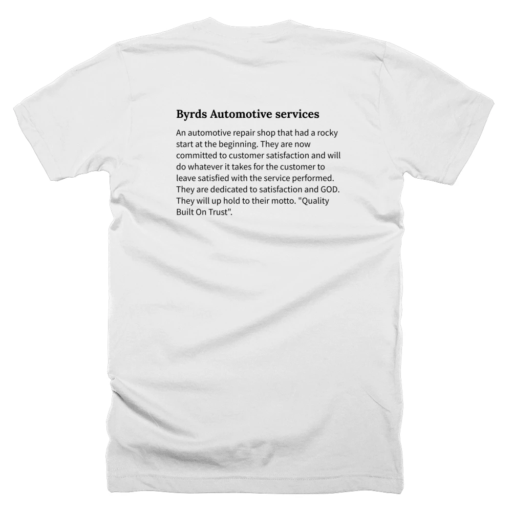 T-shirt with a definition of 'Byrds Automotive services' printed on the back