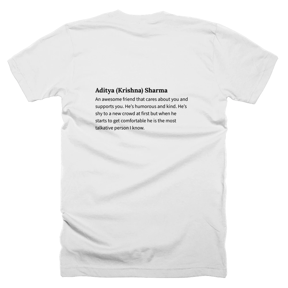 T-shirt with a definition of 'Aditya (Krishna) Sharma' printed on the back