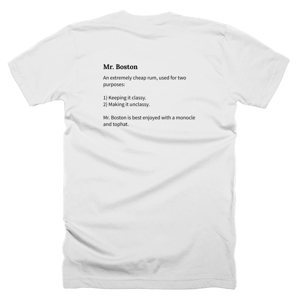 T-shirt with a definition of 'Mr. Boston' printed on the back
