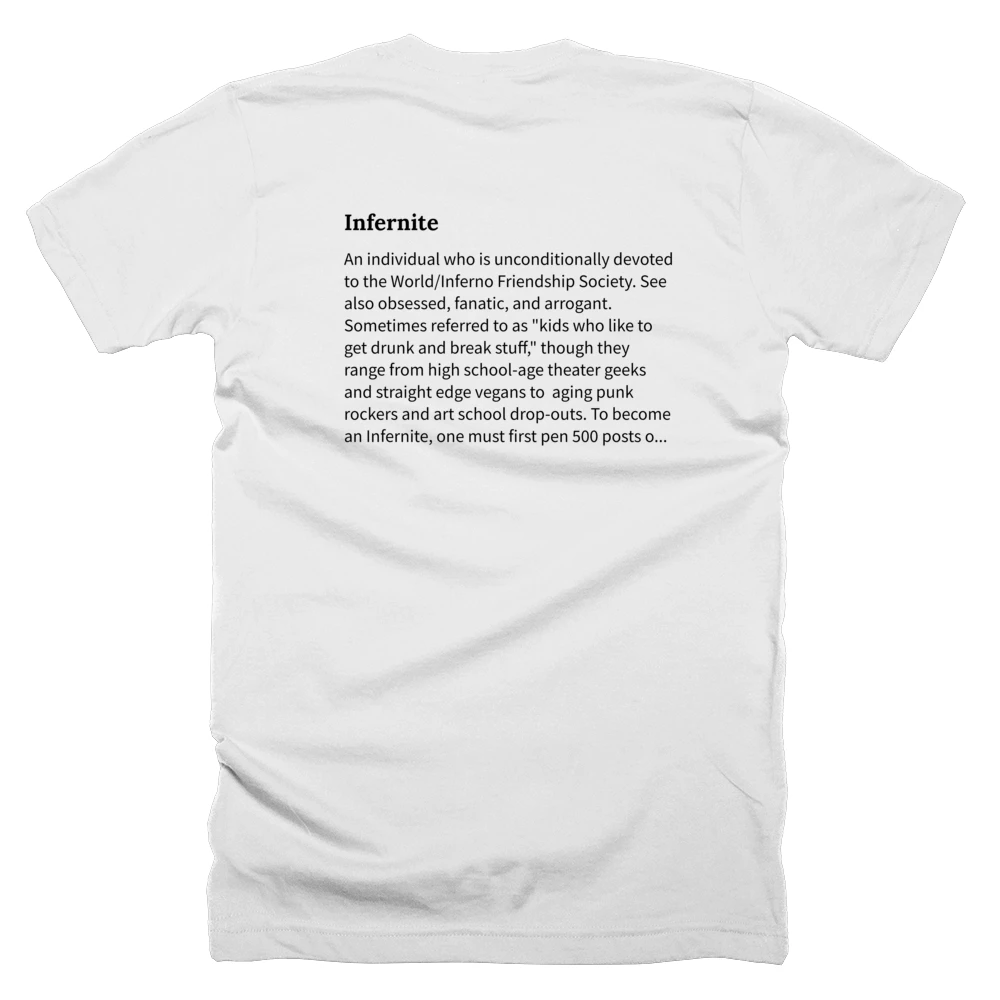 T-shirt with a definition of 'Infernite' printed on the back
