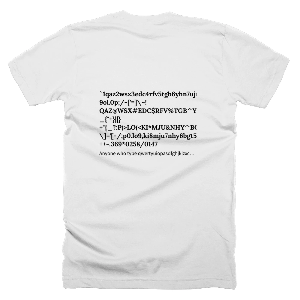 T-shirt with a definition of '`1qaz2wsx3edc4rfv5tgb6yhn7ujm8ik,9ol.0p;/-['=]\~!QAZ@WSX#EDC$RFV%TGB^YHN&UJM*IK<(OL>)P:?_{"+}||}+"{_?:P)>LO(<KI*MJU&NHY^BGT%VFR$CDE#XSW@ZAQ!\]='[-/;p0.lo9,ki8mju7nhy6bgt5vfr4cde3xsw2zaq1`7410/8520*963.-++-.369*0258/0147' printed on the back