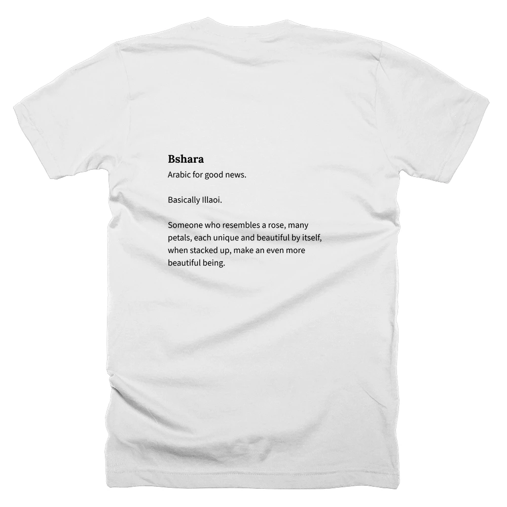 T-shirt with a definition of 'Bshara' printed on the back