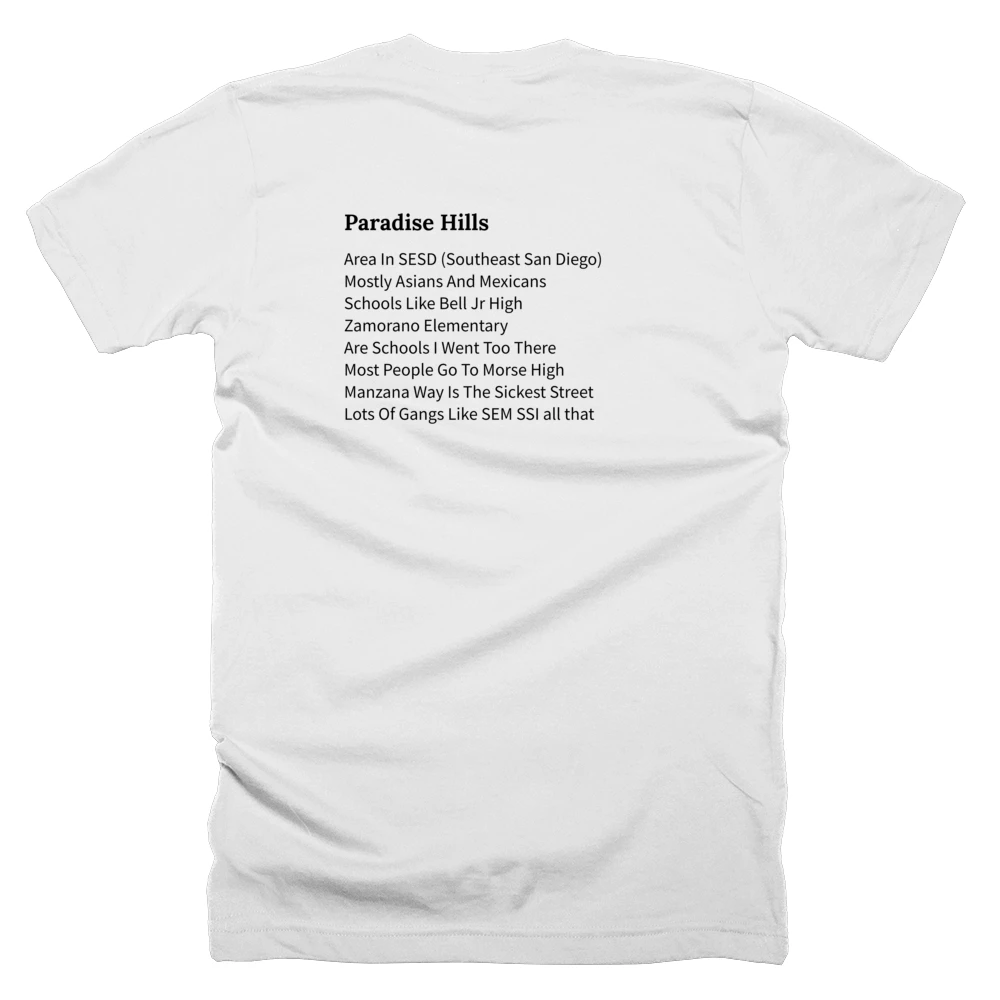 T-shirt with a definition of 'Paradise Hills' printed on the back