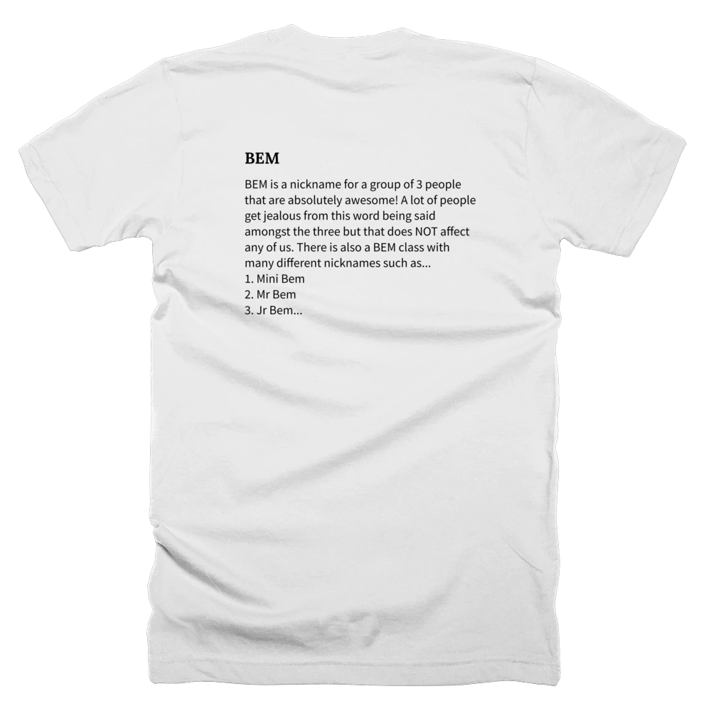 T-shirt with a definition of 'BEM' printed on the back