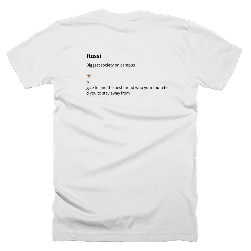 T-shirt with a definition of 'Hussi' printed on the back
