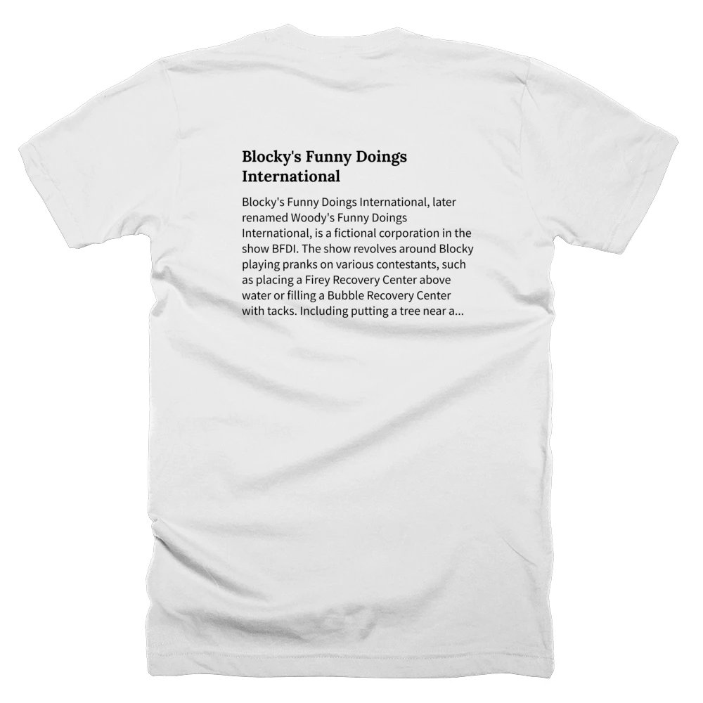 T-shirt with a definition of 'Blocky's Funny Doings International' printed on the back