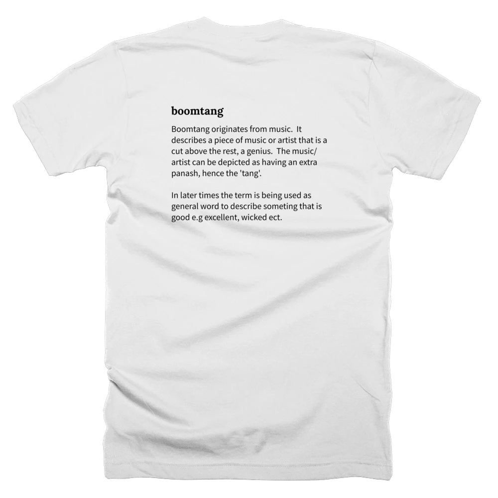 T-shirt with a definition of 'boomtang' printed on the back