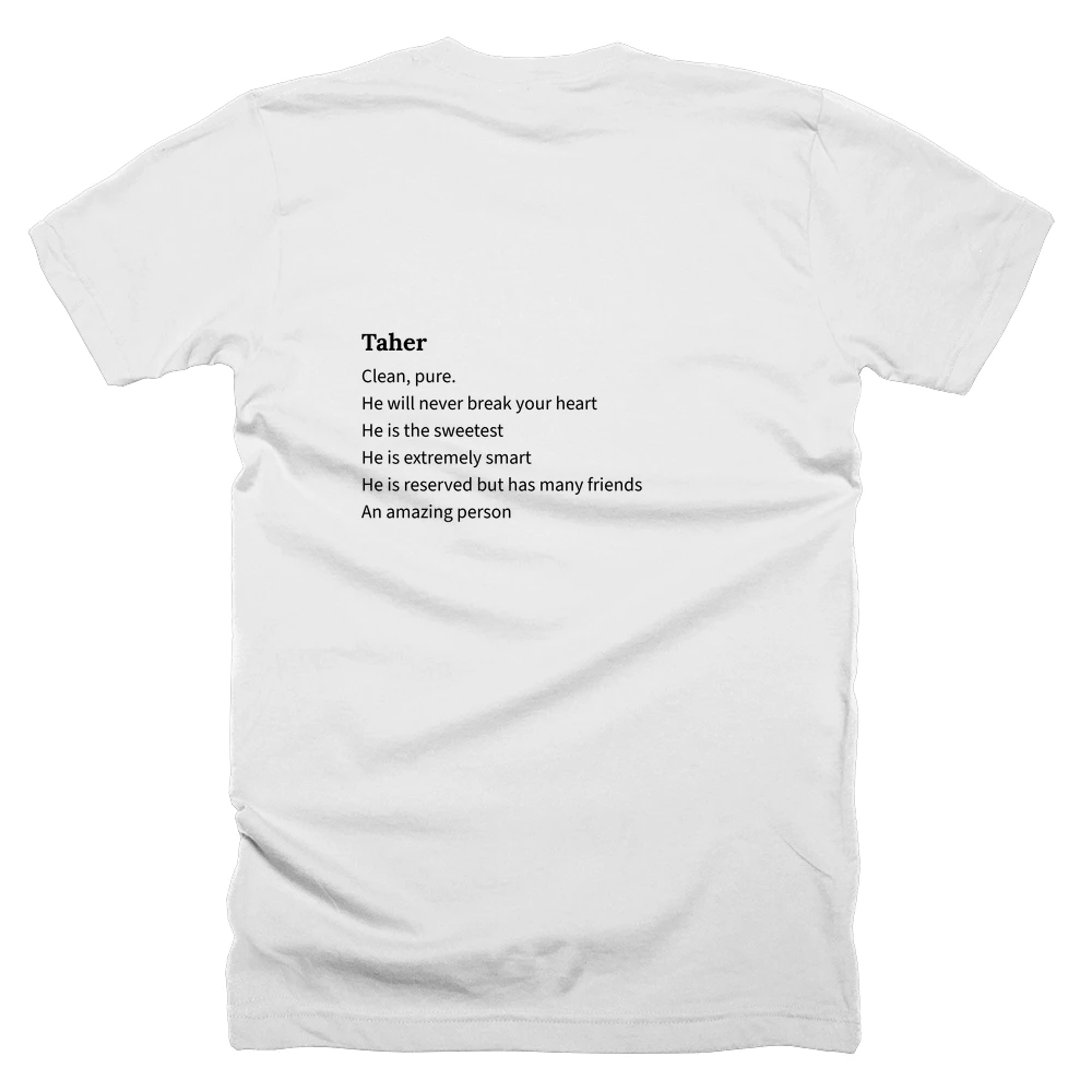 T-shirt with a definition of 'Taher' printed on the back