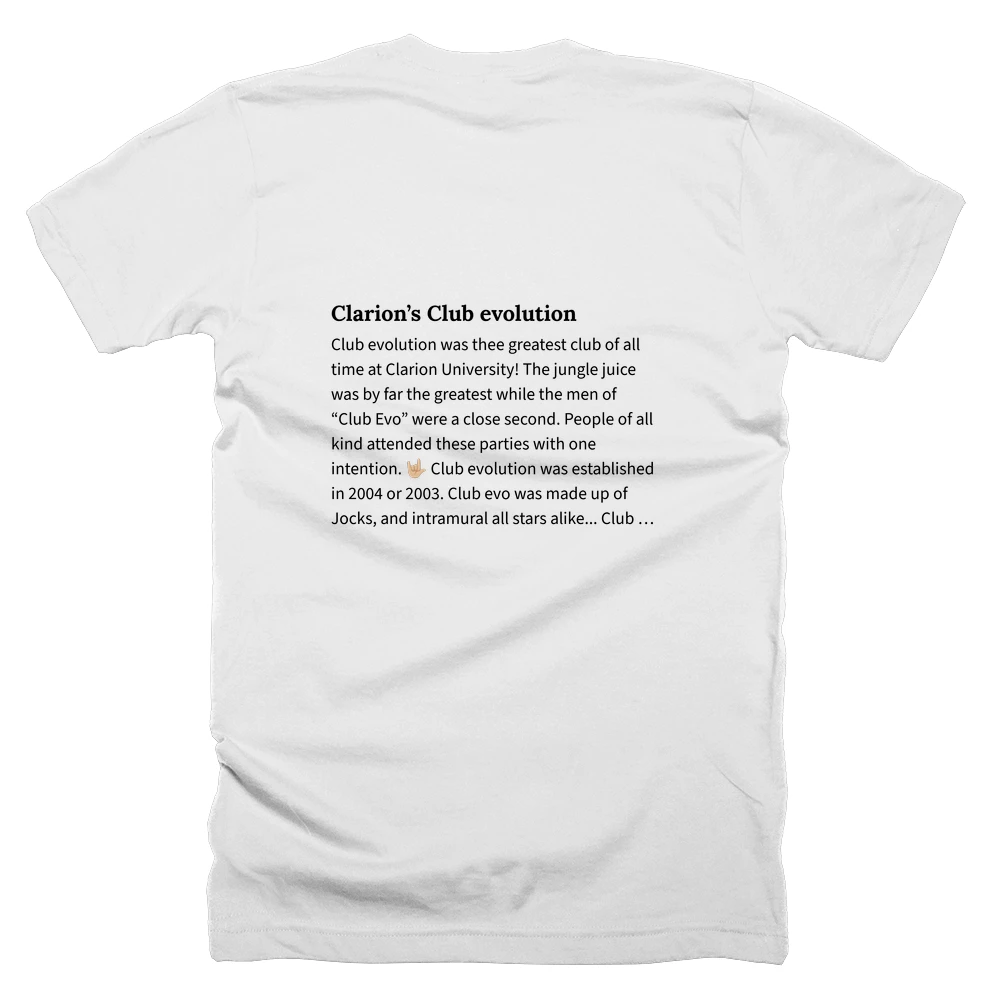 T-shirt with a definition of 'Clarion’s Club evolution' printed on the back